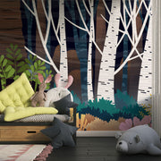 Enchanted Birch Forest Wall Mural – White birch trees with dark woodland backdrop, perfect for modern home decor, living rooms, bedrooms, and offices.