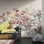 Botanical wall mural with colorful wildflowers in pastel and earthy tones, creating a fresh and inviting atmosphere.