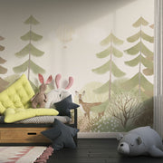 Soft pastel woodland wall mural with trees, a deer, and a dreamy forest landscape for nurseries and kids' rooms.