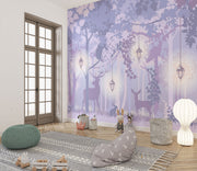 Enchanted forest wall mural with a mystical woodland scene, featuring a silhouetted deer, soft purple hues, glowing lanterns, and delicate foliage – ideal for kids’ rooms and elegant nature-inspired decor.