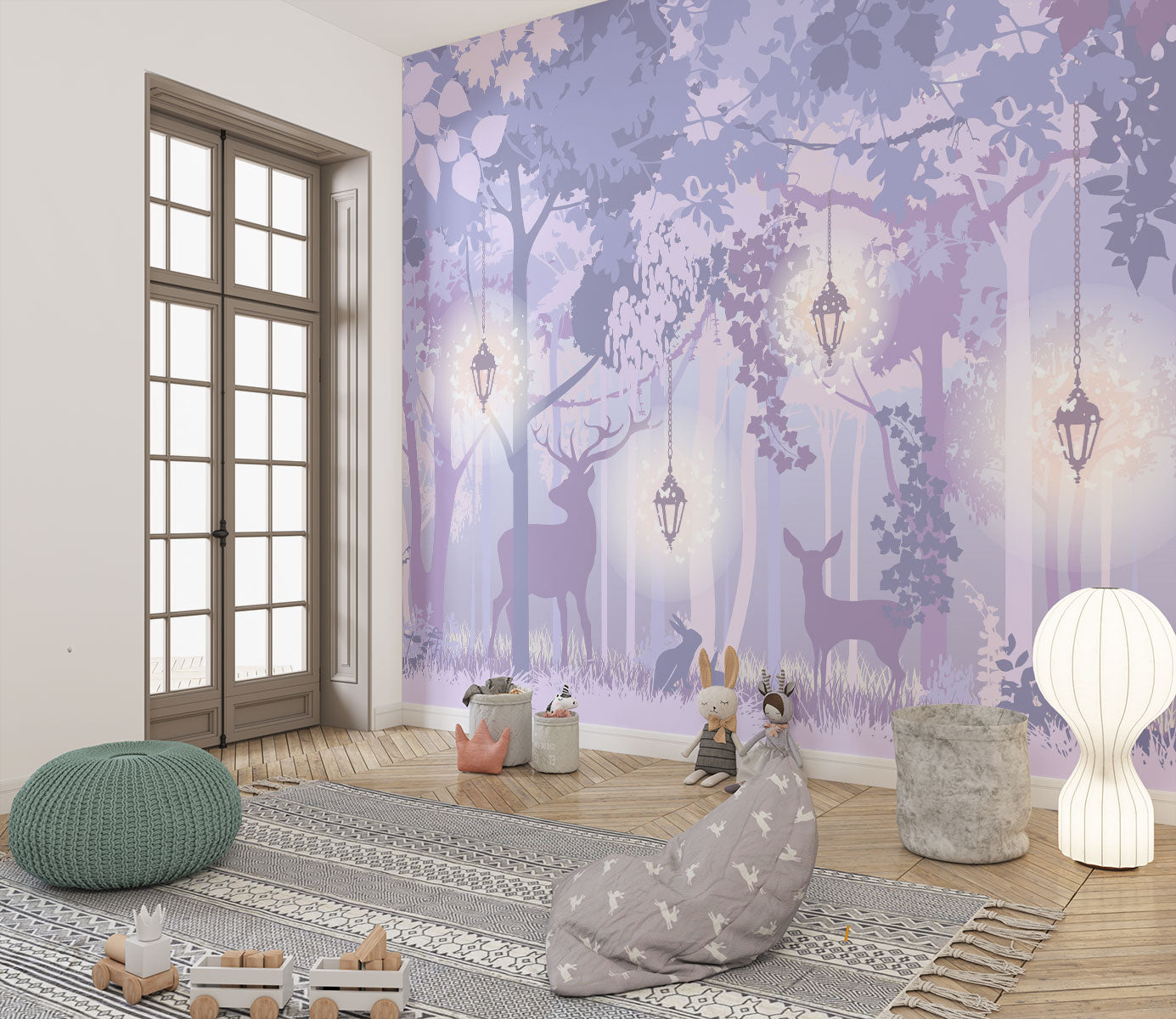 Enchanted forest wall mural with a mystical woodland scene, featuring a silhouetted deer, soft purple hues, glowing lanterns, and delicate foliage – ideal for kids’ rooms and elegant nature-inspired decor.