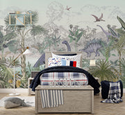 Jungle dinosaur wall mural and wallpaper featuring Stegosaurus, Brontosaurus, lush jungle plants and volcanoes; styled in a playful kid's room.