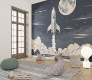 Cartoon Spaceship Wall Mural decorating kids bedroom.