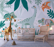 Kids’ bedroom wall mural featuring cute dinosaurs like triceratops, sauropod, and pterodactyls in a soft leafy landscape design.