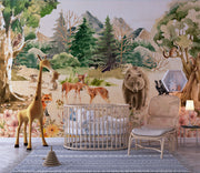 Forest Animals Wall Mural in a watercolor art style