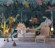 Dark jungle dinosaur wall mural featuring whimsical dinosaurs, exotic plants, and a deep green forest setting, perfect for nurseries and kids’ rooms.