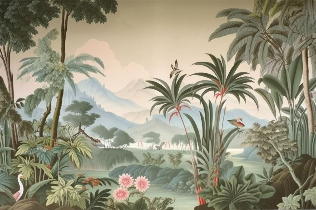Vintage tropical landscape wall mural with exotic greenery, misty mountains, palm trees, and birds.