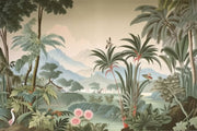 Vintage tropical landscape wall mural with exotic greenery, misty mountains, palm trees, and birds.