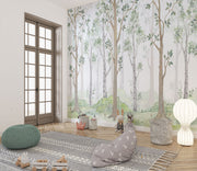 Scandinavian-style woodland forest wall mural featuring tall trees, green leaves, and a soft natural backdrop. Perfect for kids' rooms, nurseries, and peaceful nature-inspired decor.