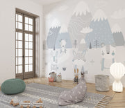 Scandinavian-style nursery wall mural featuring snowy mountains, foxes, rabbits, and a bear in soft pastel tones. Perfect for a cozy and modern kids’ room or baby nursery.
