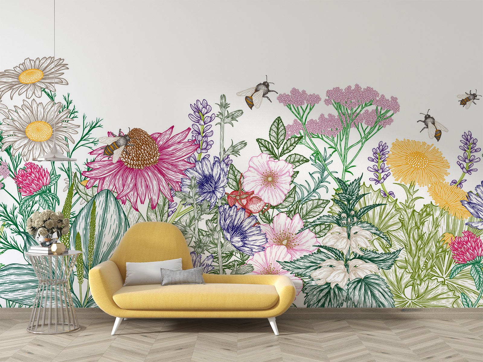 Wildflower Haven Wall Mural – Hand-Illustrated Floral Wallpaper with Vibrant Blooms and Bees
