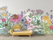 Wildflower Haven Wall Mural – Hand-Illustrated Floral Wallpaper with Vibrant Blooms and Bees