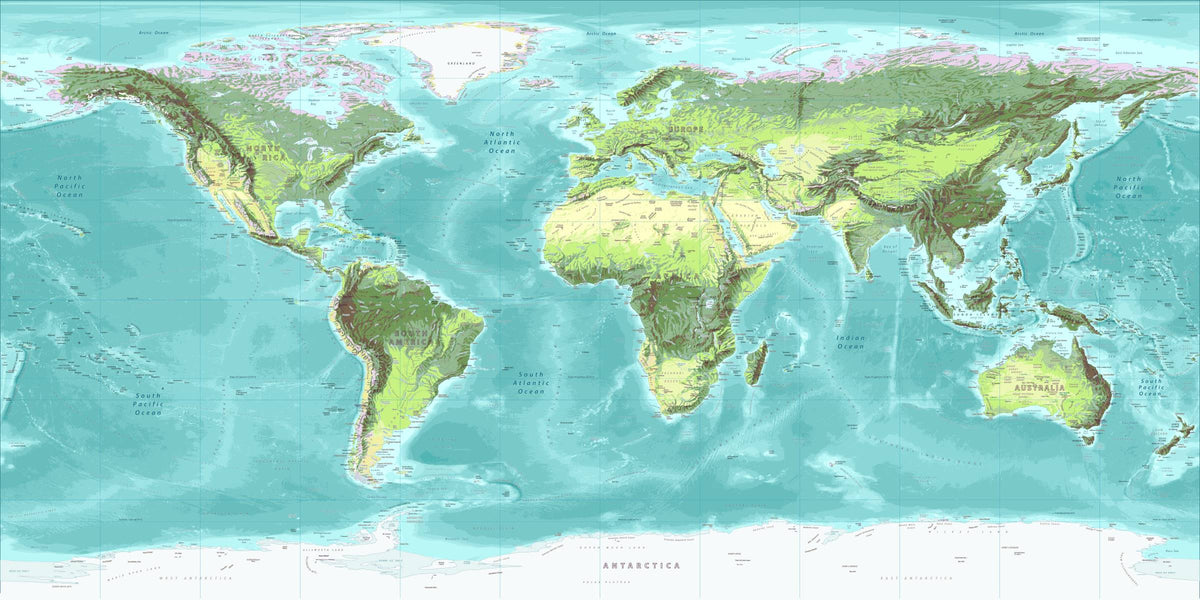 High-detail oversized world map wall mural showing terrain relief and ocean depths in turquoise and green, styled with modern furniture.