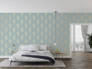 Modern bedroom with geometric wallpaper, bed, and side tables.