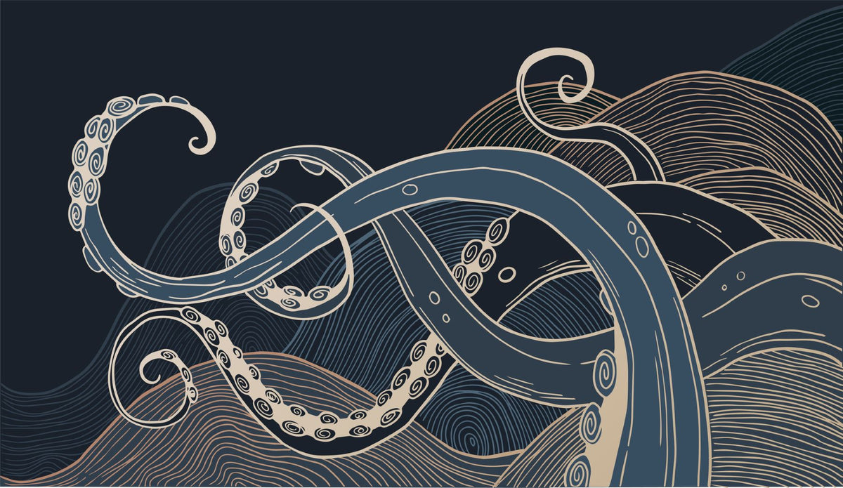 Modern octopus tentacles wall mural with bold navy and cream tones, featuring abstract ocean wave patterns on a dark background.