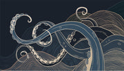 Modern octopus tentacles wall mural with bold navy and cream tones, featuring abstract ocean wave patterns on a dark background.