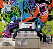 Graffiti-style gaming wall mural featuring bold graphics, colorful game controllers, energetic text like "Level Win" and "Fun," perfect for a modern game room.