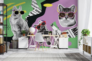 Retro pop art wall mural featuring black-and-white cats wearing colorful sunglasses, with a vibrant mix of geometric patterns, newspaper clippings, and bold colors.