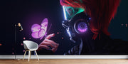 Person wearing a gas mask with a butterfly and red hair in a dark room.