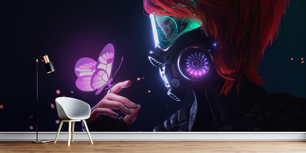 Person wearing a gas mask with a butterfly and red hair in a dark room.