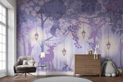 Enchanted forest wall mural with a mystical woodland scene, featuring a silhouetted deer, soft purple hues, glowing lanterns, and delicate foliage – ideal for kids’ rooms and elegant nature-inspired decor.