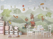 Woodland animal wall mural featuring foxes, deer, rabbits and a duck in a peaceful green forest; perfect for nurseries, playrooms and kid's bedrooms.