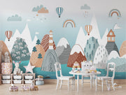 Scandinavian-style mountains wall mural with hot air balloons, rainbows, and cozy landscapes in soft earthy tones – perfect for kids' rooms and nurseries.