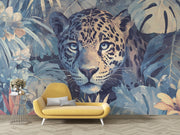 Living room with a yellow sofa against a wall featuring a leopard and tropical leaves mural.