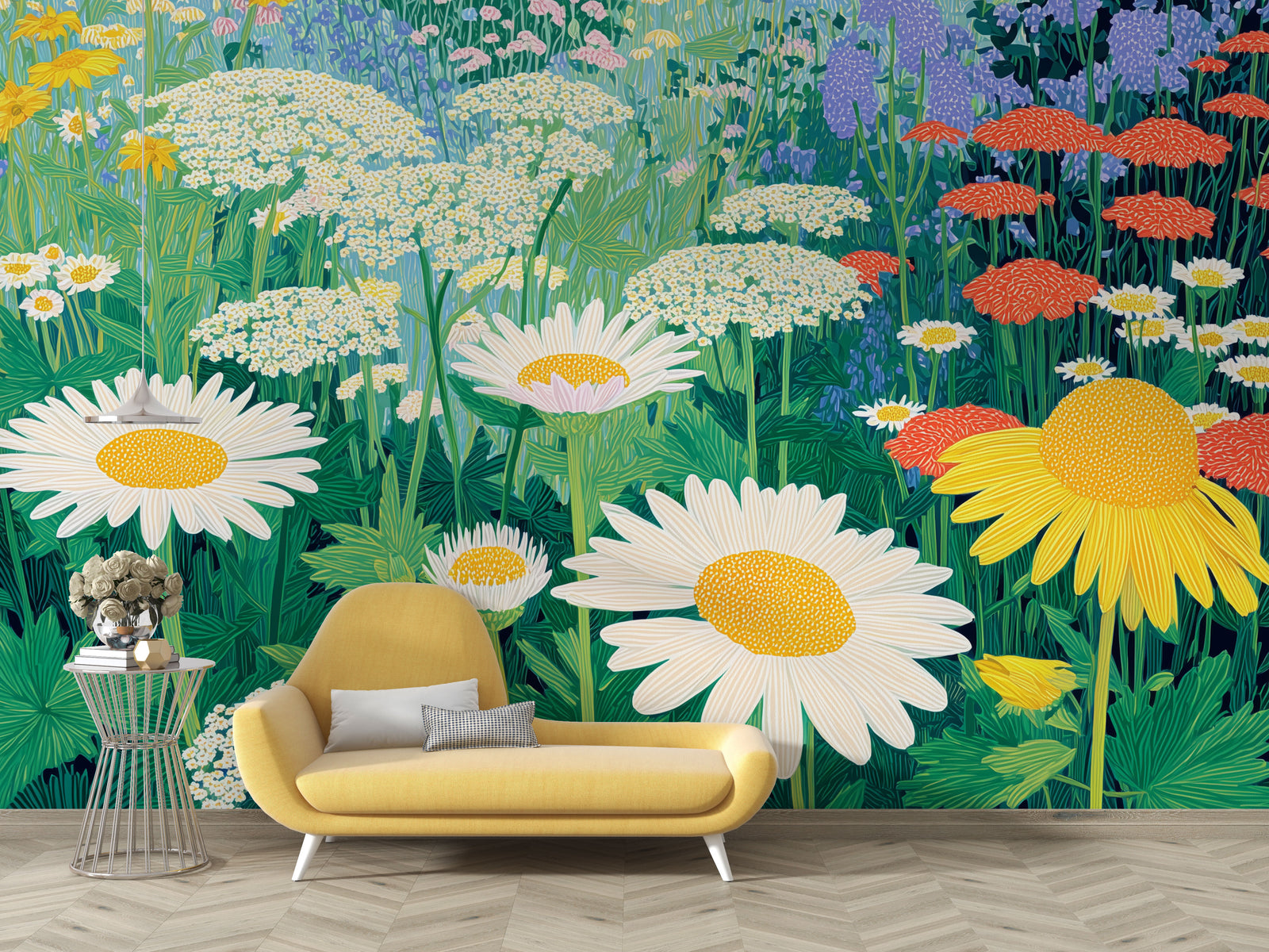 Yellow sofa in front of a wall mural with colorful flowers