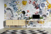 Modern office space with floral wallpaper, wooden cabinet, and desk.