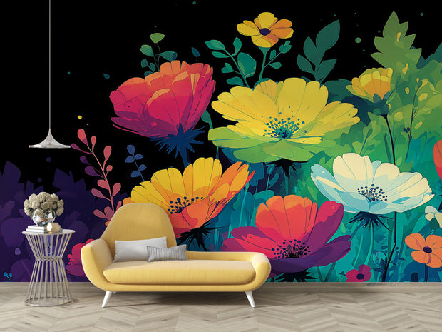 Colorful floral mural with a yellow sofa and small table in a room.