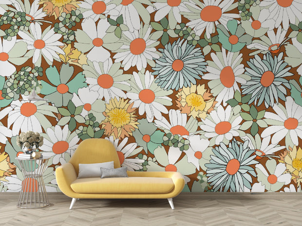 Colorful floral wallpaper with a yellow sofa and decorative items.