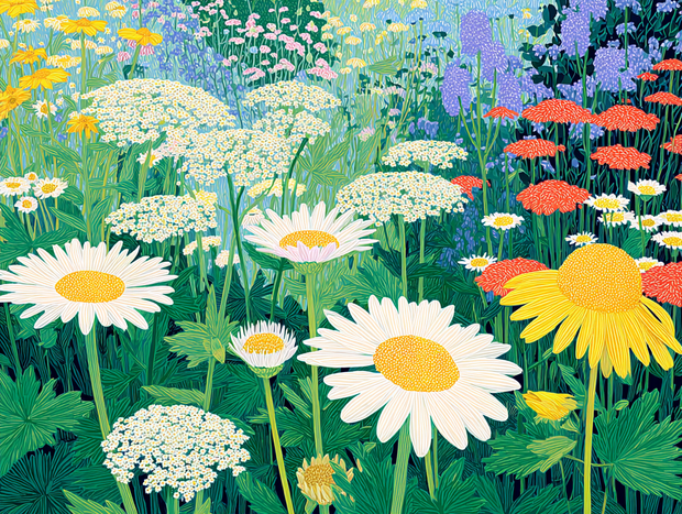 Colorful illustration of a garden with various flowers including daisies and sunflowers.