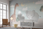 Cute safari wall mural with a giraffe, elephant, and dreamy night sky – perfect for nurseries and kids’ rooms.