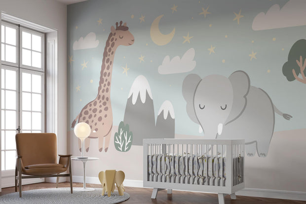 Cute safari wall mural with a giraffe, elephant, and dreamy night sky – perfect for nurseries and kids’ rooms.