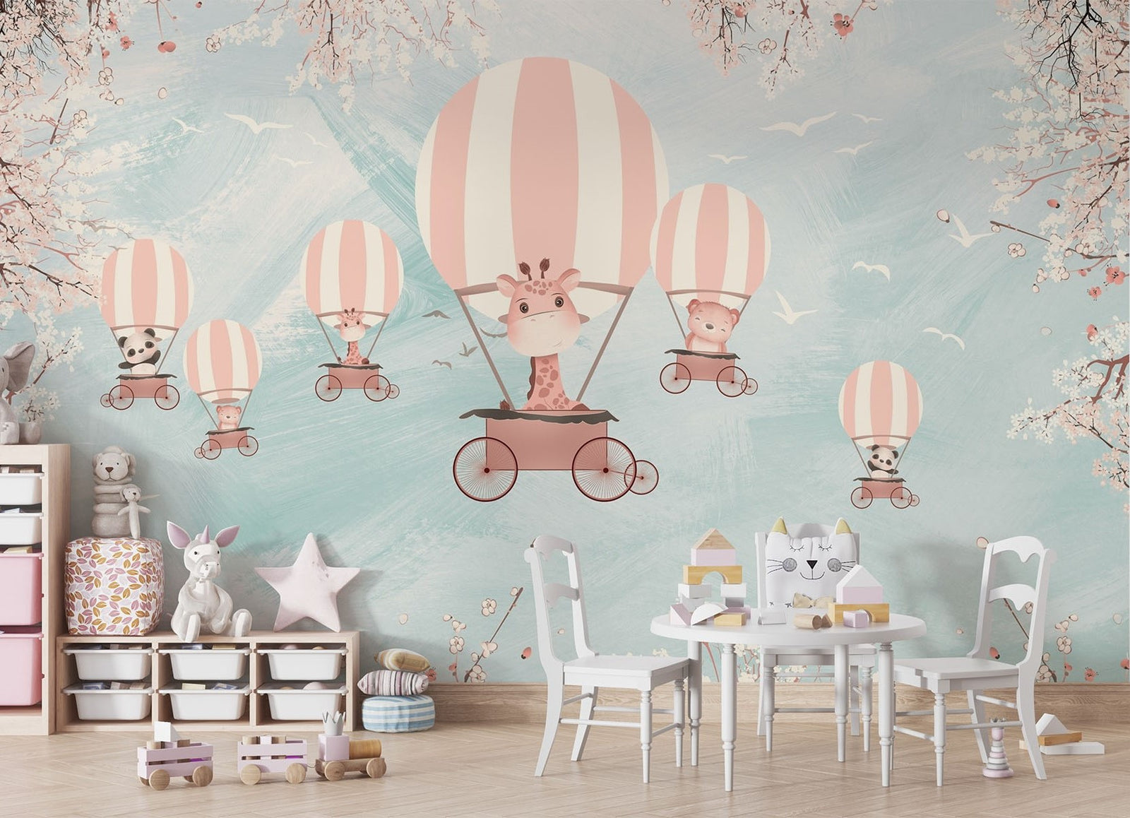 Whimsical kids’ wall mural with baby animals in hot air balloons, cherry blossoms, and a pastel sky—perfect for nurseries and playrooms.